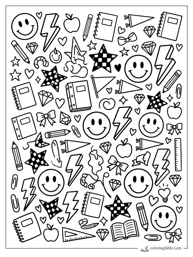 Intricate preppy doodle coloring page with smiley faces, lightning bolts, notebooks, bows, stars, and pencils.
