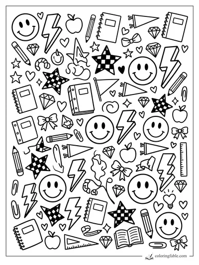 Intricate preppy doodle coloring page with smiley faces, lightning bolts, notebooks, bows, stars, and pencils.