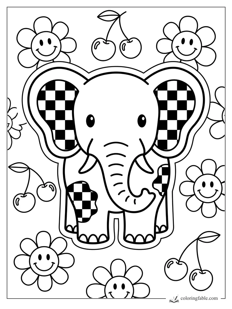 Cute preppy elephant with checkered ears, cherries, and smiling daisies coloring page
