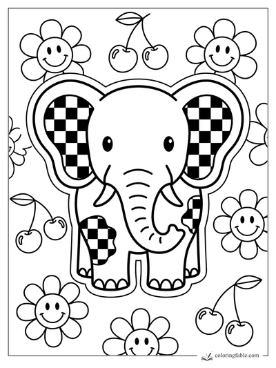 Cute preppy elephant with checkered ears, cherries, and smiling daisies coloring page