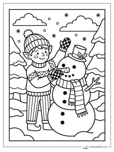 Preppy elf in a pom-pom hat adjusts a snowman’s carrot nose among snowy pines and falling flakes.
