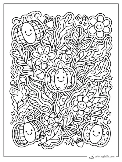 Preppy fall coloring page with smiling pumpkins, flowers, acorns, stars, and patterned oak leaves.