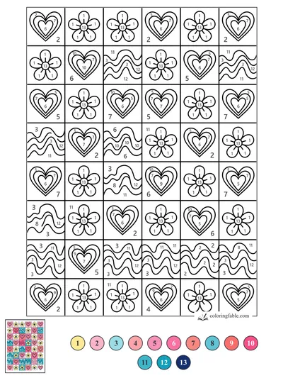 Preppy Hearts, Daisies, and Wavy Stripe Grid — color by number