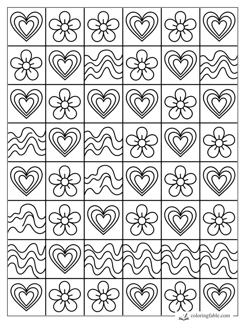 Preppy coloring page with a grid of layered hearts, daisies, and wavy stripe squares