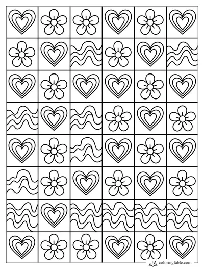 Preppy coloring page with a grid of layered hearts, daisies, and wavy stripe squares
