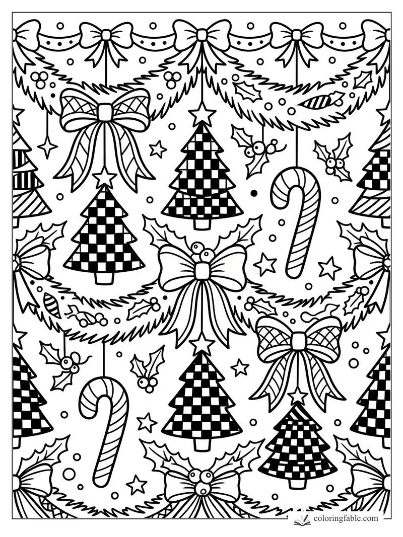 Intricate preppy Christmas coloring page with plaid trees, bows, holly, candy canes, stars, and garland.