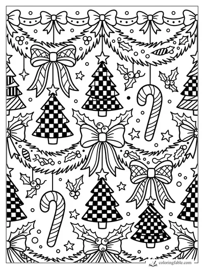 Intricate preppy Christmas coloring page with plaid trees, bows, holly, candy canes, stars, and garland.