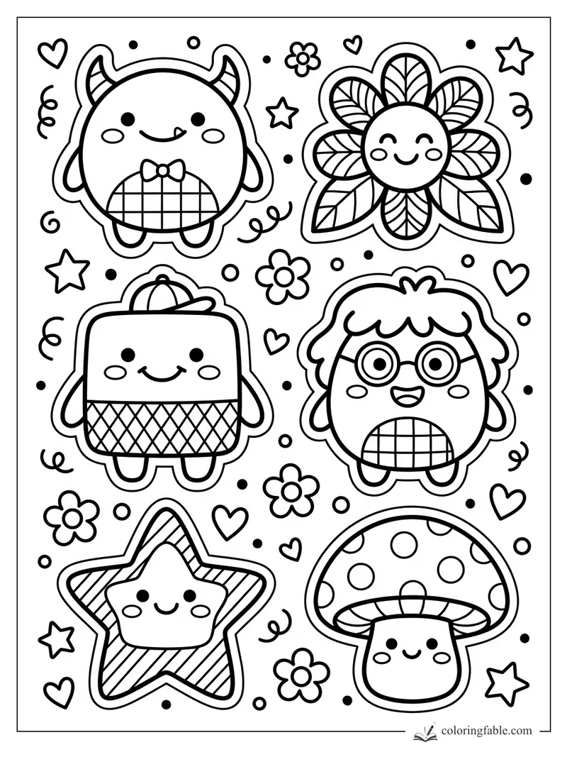 Cute preppy monster coloring page with bow tie, glasses, smiling flower, star, mushroom, hearts, and confetti.