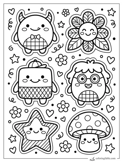 Cute preppy monster coloring page with bow tie, glasses, smiling flower, star, mushroom, hearts, and confetti.