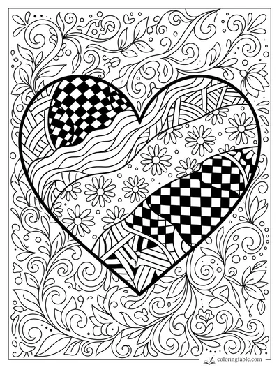 Intricate preppy heart coloring page with checkerboard patches, daisies, vines, and zentangle swirls.