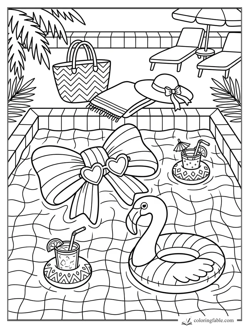 Preppy pool coloring page with giant bow float, flamingo ring, heart sunglasses, tote bag, and lounge chairs