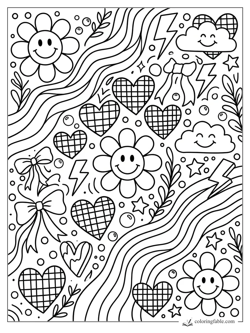 Preppy coloring page with smiley daisies, checkered hearts, bows, clouds, lightning bolts, and wavy stripes.