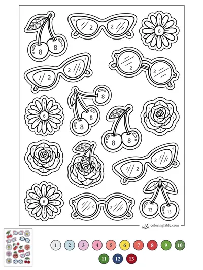 Preppy Sunglasses, Cherries, Daisies, and Roses Stickers — color by number
