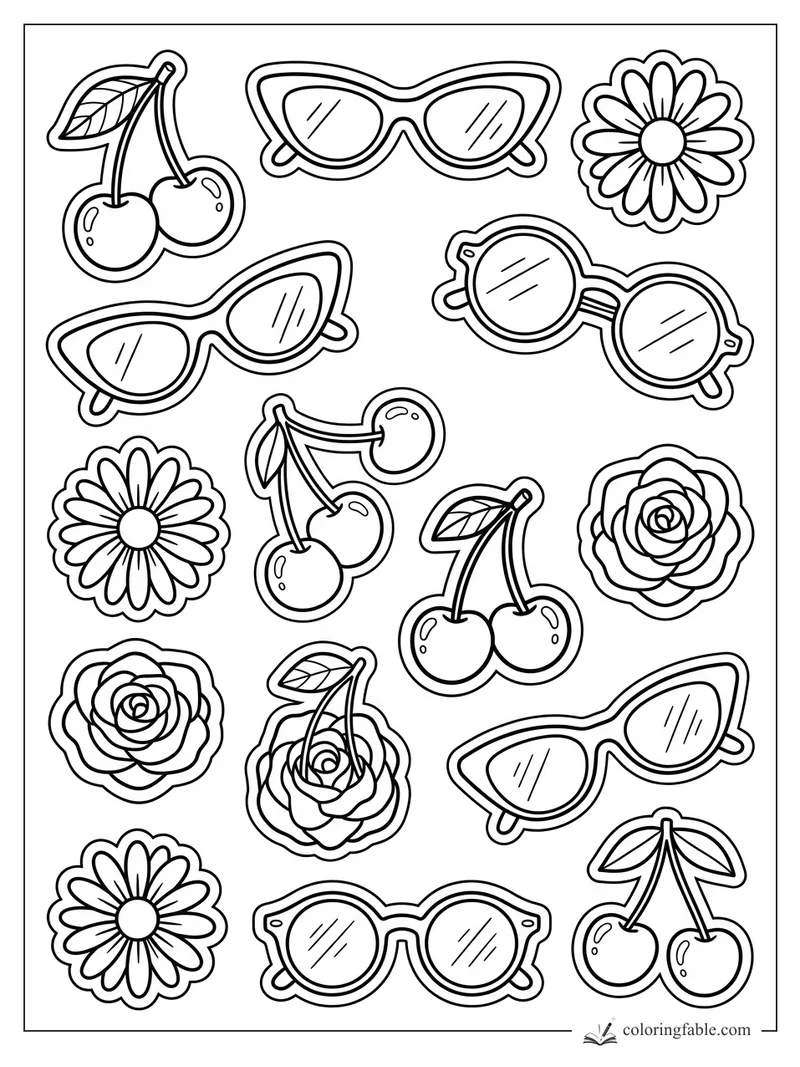 Preppy sticker coloring page with cat-eye sunglasses, cherries, daisies, and roses.