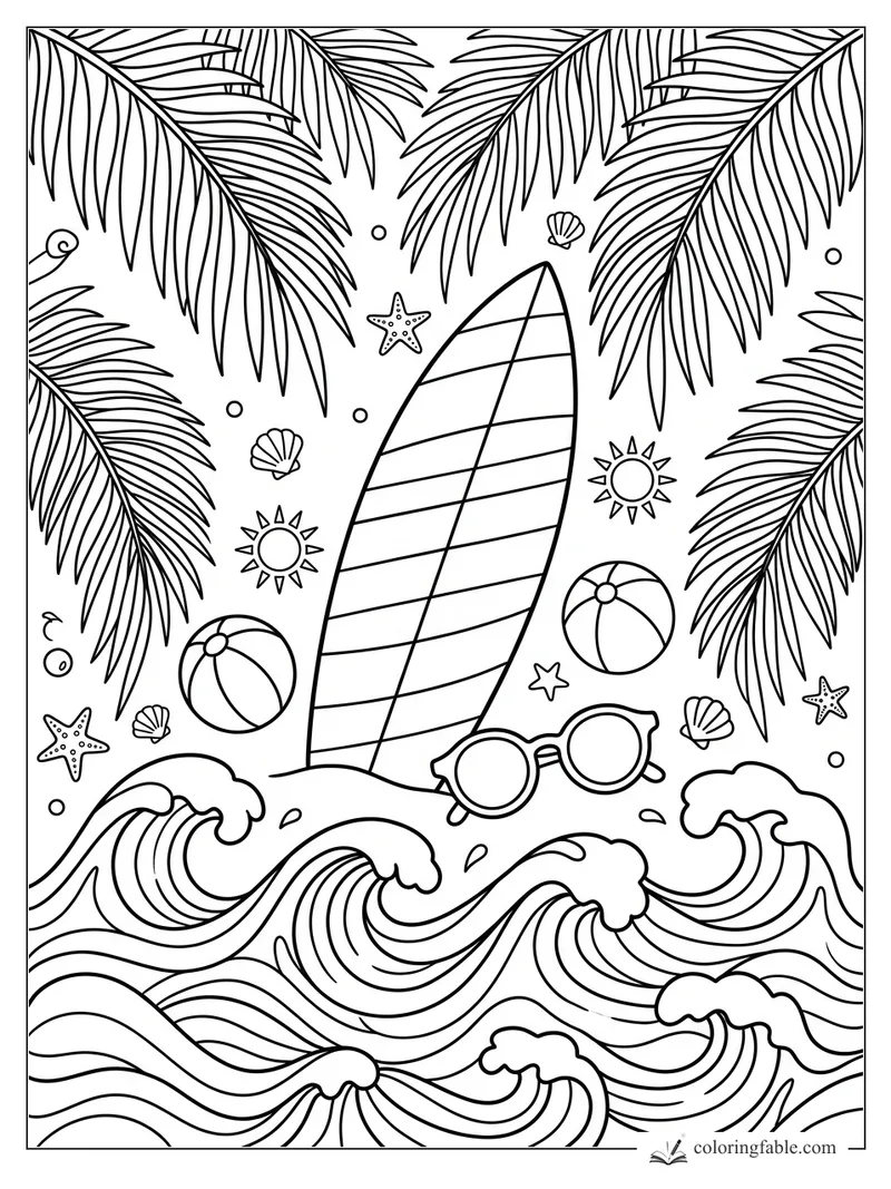 Preppy surfboard with sunglasses, beach balls, shells, palm fronds, stars, suns, and curling ocean waves.