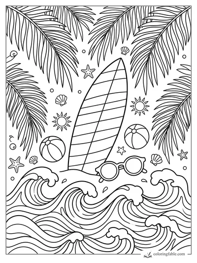 Preppy surfboard with sunglasses, beach balls, shells, palm fronds, stars, suns, and curling ocean waves.