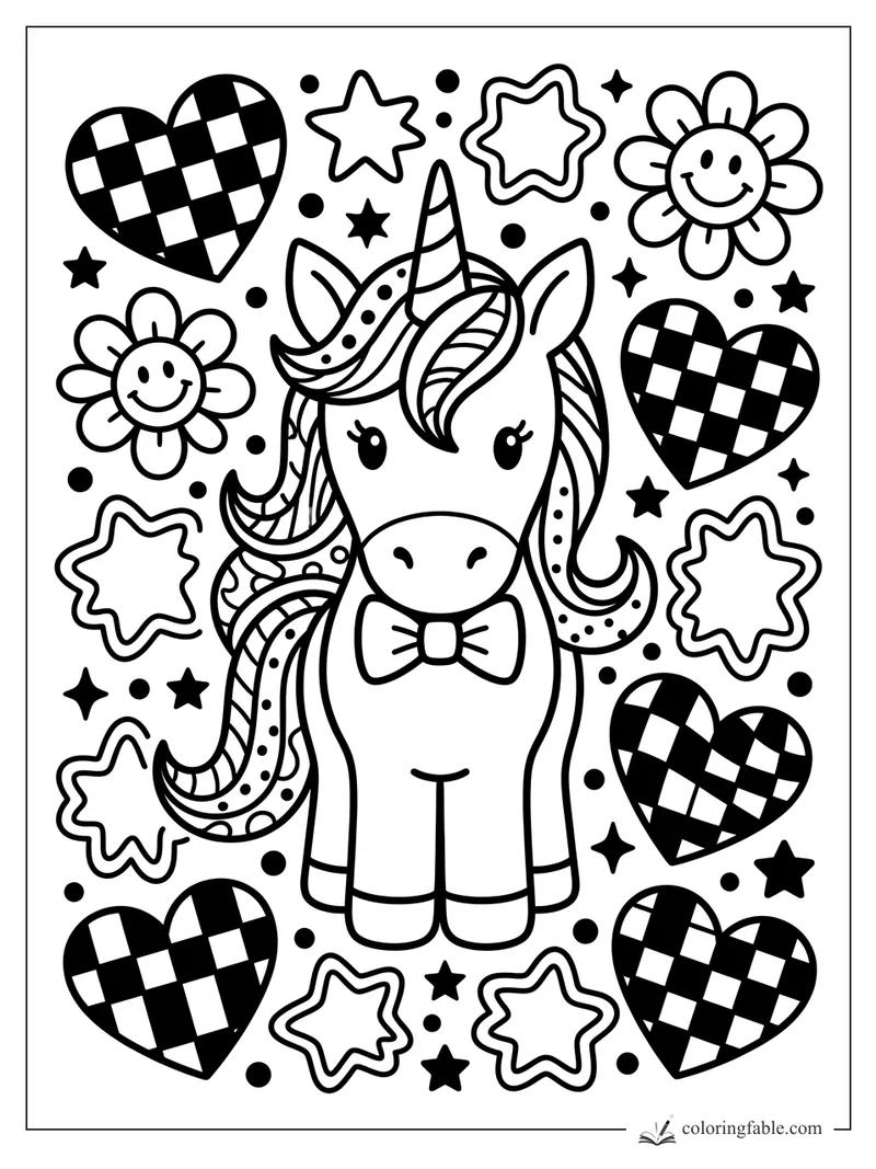 Preppy unicorn with bow tie, swirly mane, checkerboard hearts, smiley daisies, stars, and dots