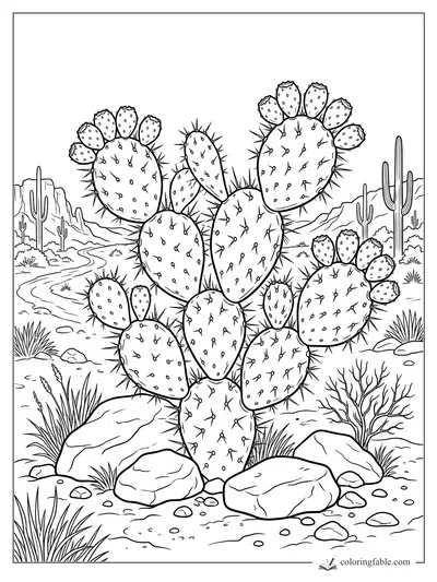 Realistic prickly pear cactus with fruit, rocks, desert grasses, saguaros, and distant mesas