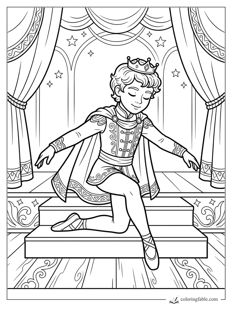 Prince ballerino kneels on stage steps under curtains, stars, and a crown for an easy ballet coloring page
