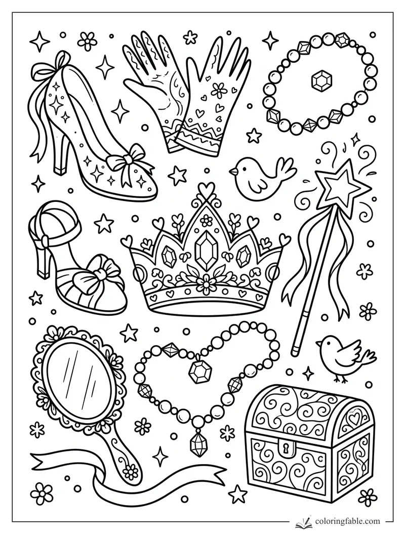 Doodle princess accessories coloring page with crown, wand, gloves, shoes, mirror, jewels, birds, and treasure chest
