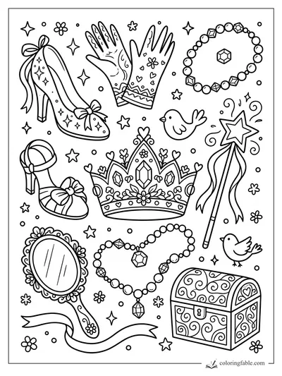 Doodle princess accessories coloring page with crown, wand, gloves, shoes, mirror, jewels, birds, and treasure chest