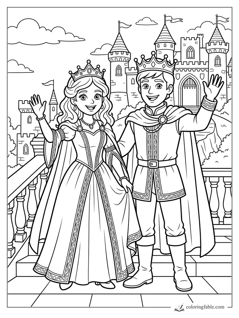 Cartoon princess and prince waving on castle steps with crowns, capes, towers, flags, and clouds