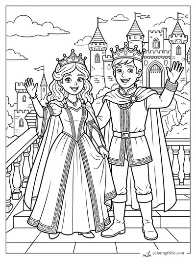 Cartoon princess and prince waving on castle steps with crowns, capes, towers, flags, and clouds