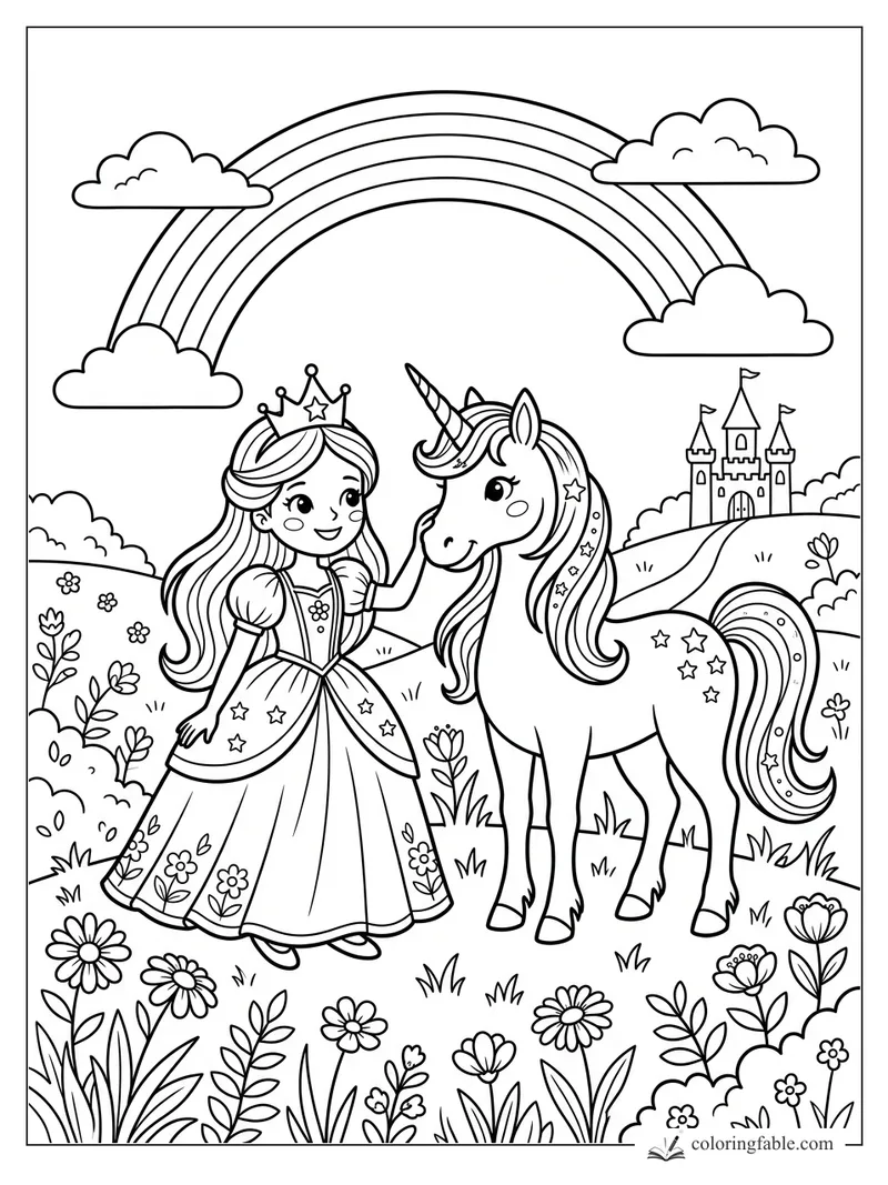 Cartoon princess petting a unicorn in a flower meadow under a rainbow, with a castle on the hill.