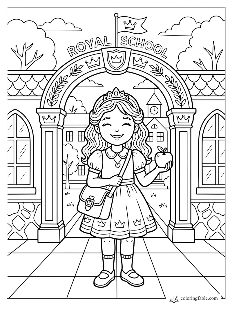 Smiling princess holding an apple under a Royal School arch with crowns, laurel leaves, and a clock tower.