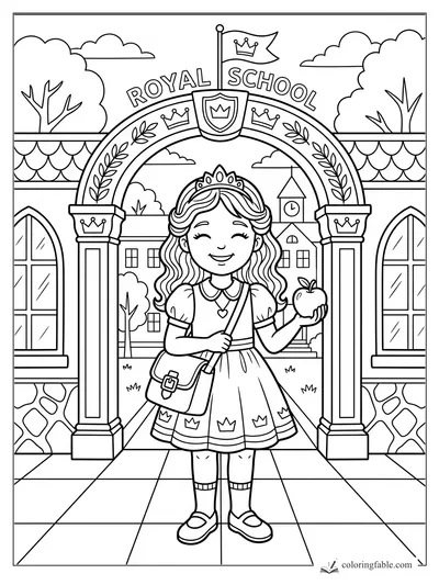 Smiling princess holding an apple under a Royal School arch with crowns, laurel leaves, and a clock tower.