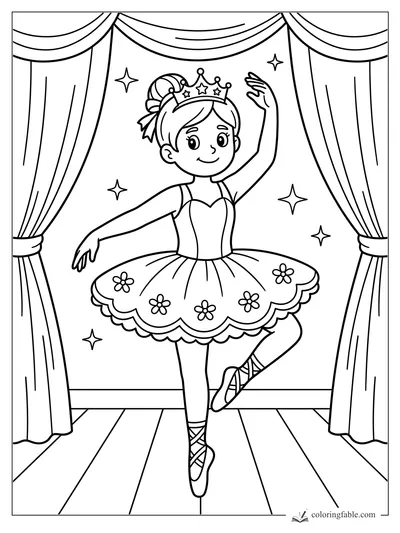 Cartoon princess ballerina on stage with crown, flower tutu, curtains, stars, and ballet slippers