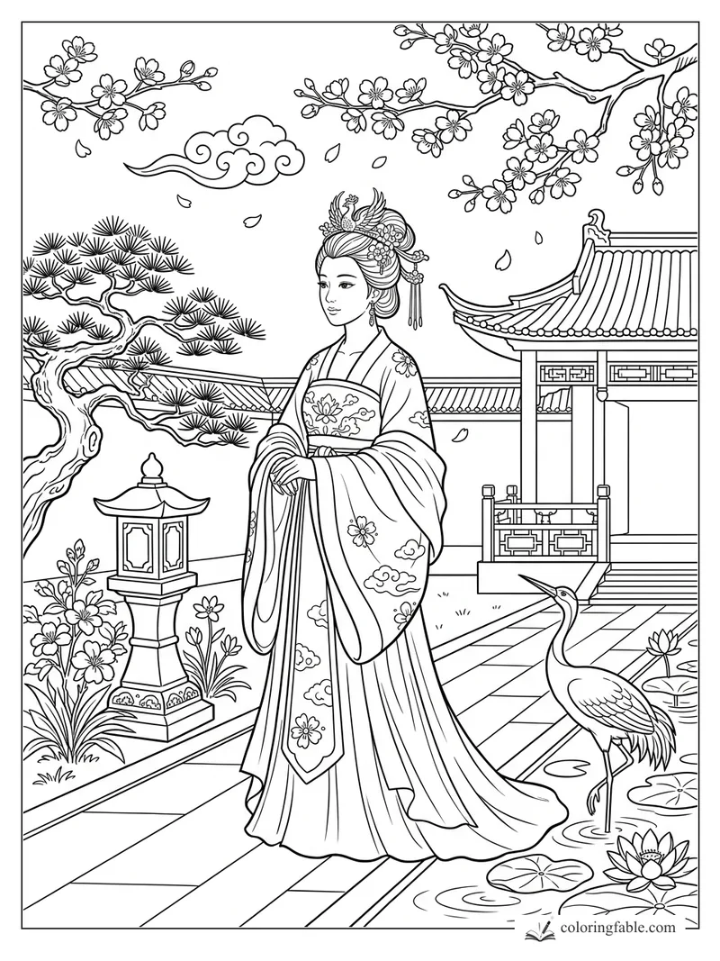 Princess in flowing robes beside a crane, stone lantern, blossoms, pine tree, and tiled pavilion
