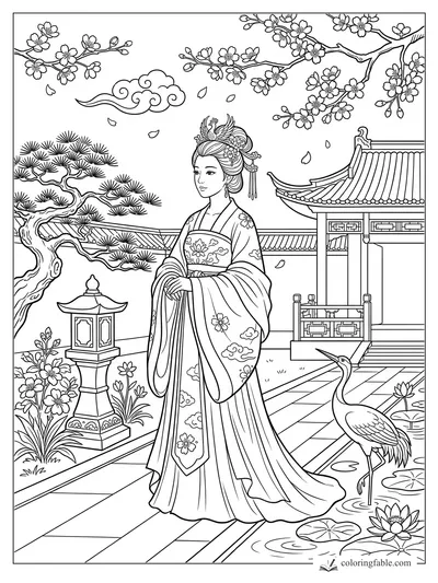 Princess in flowing robes beside a crane, stone lantern, blossoms, pine tree, and tiled pavilion