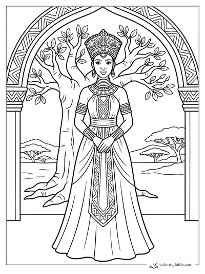 Princess in a jeweled crown under a patterned arch with baobab tree and savanna landscape