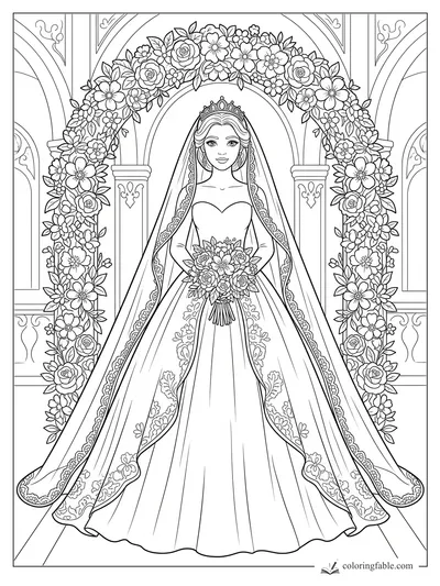 Princess bride holding a bouquet beneath a rose-covered chapel arch coloring page