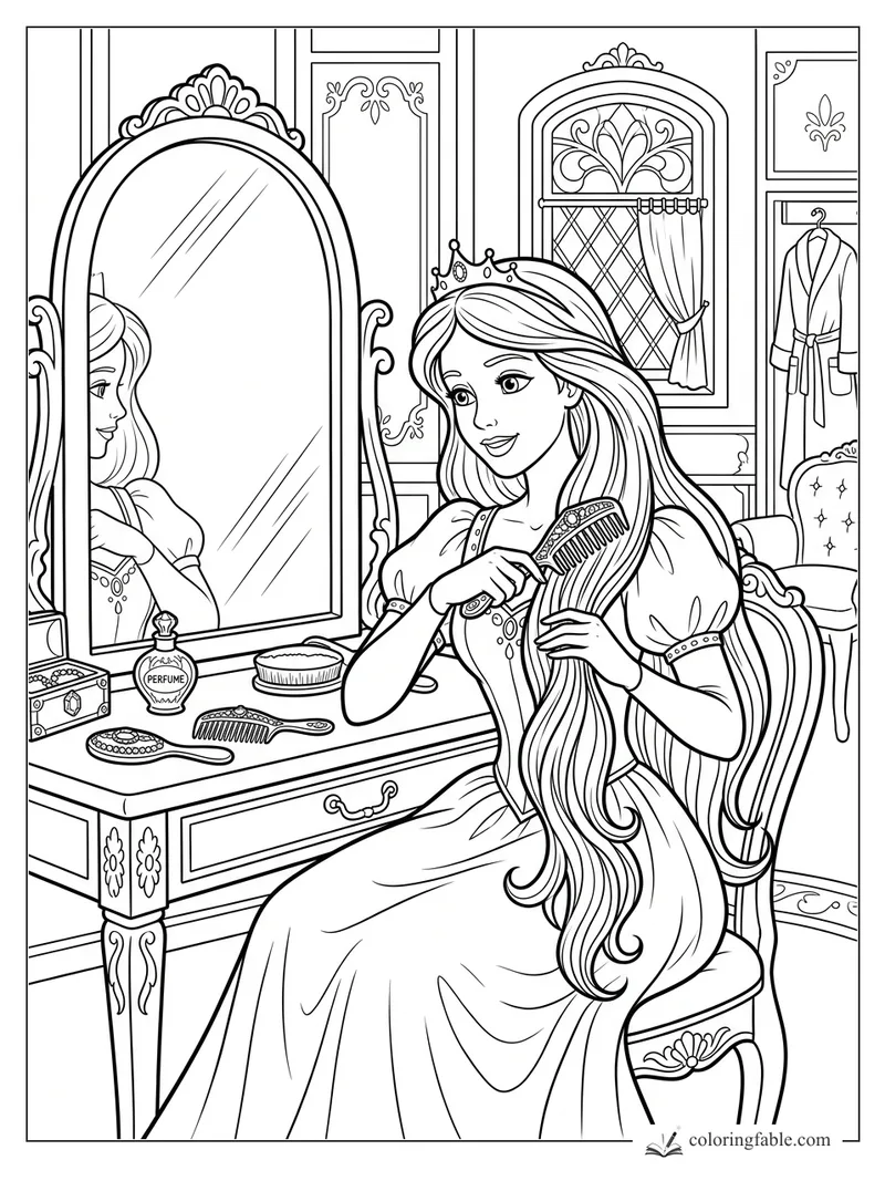 Princess brushing long hair at an ornate vanity with mirror, perfume, combs, window, and robe