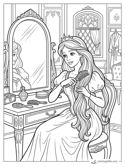 Princess brushing long hair at an ornate vanity with mirror, perfume, combs, window, and robe