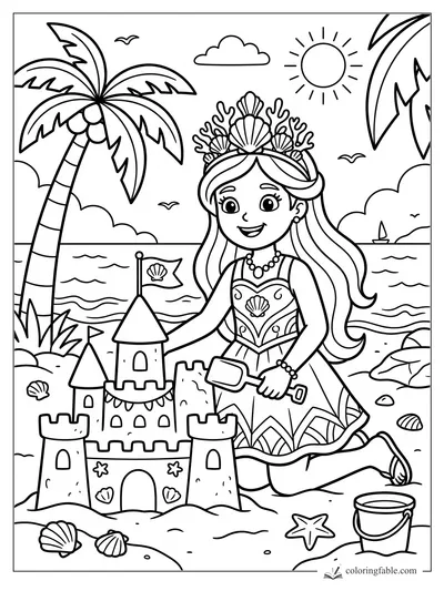Cartoon princess builds a shell-decorated sandcastle on a sunny beach with palm trees and waves.
