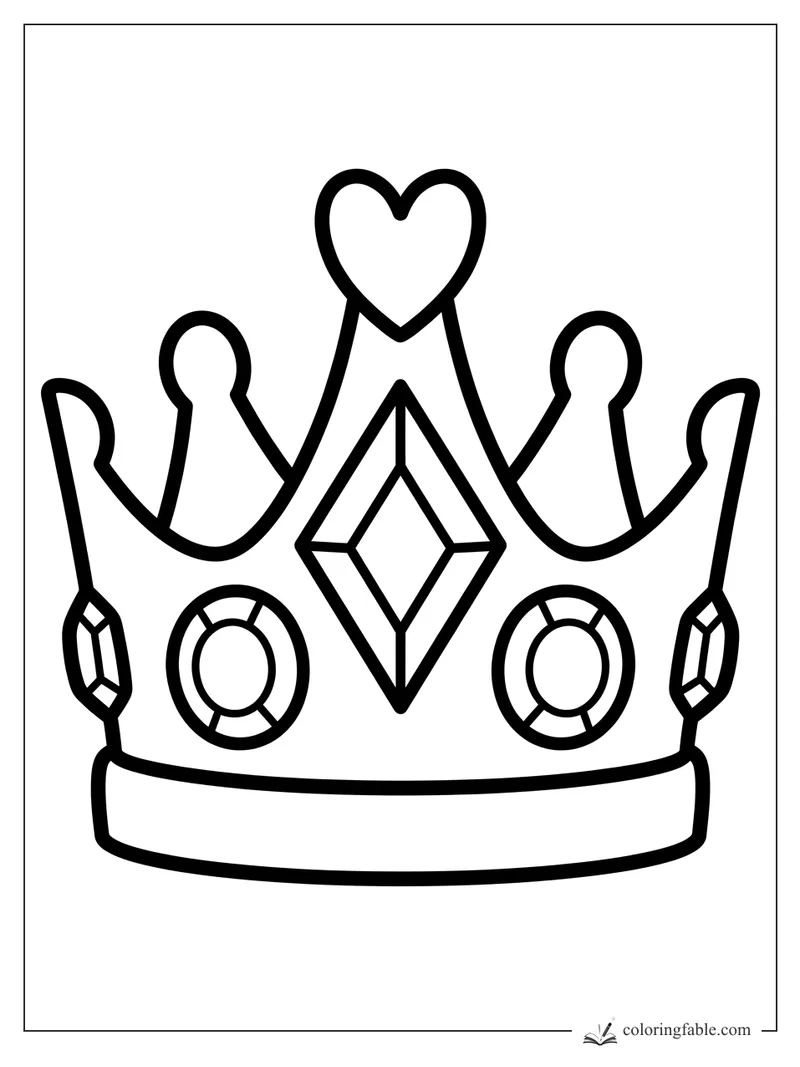 Bold princess crown coloring page with a heart top, center diamond gem, round jewels, and side crystals.