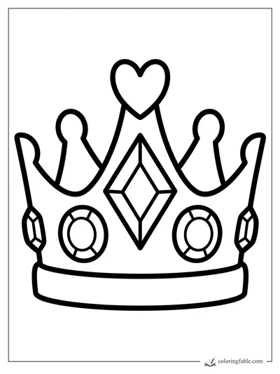 Bold princess crown coloring page with a heart top, center diamond gem, round jewels, and side crystals.