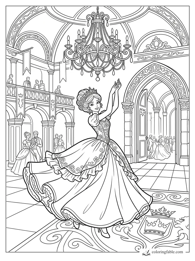 Princess dancing in a grand ballroom with chandelier, balconies, arches, and watching guests
