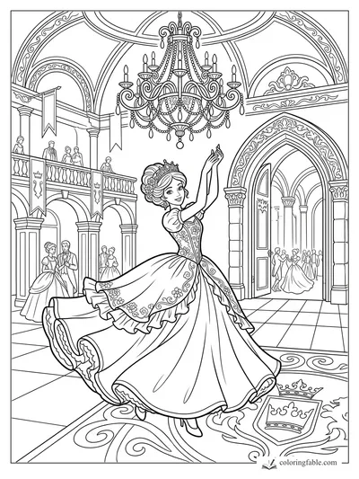 Princess dancing in a grand ballroom with chandelier, balconies, arches, and watching guests