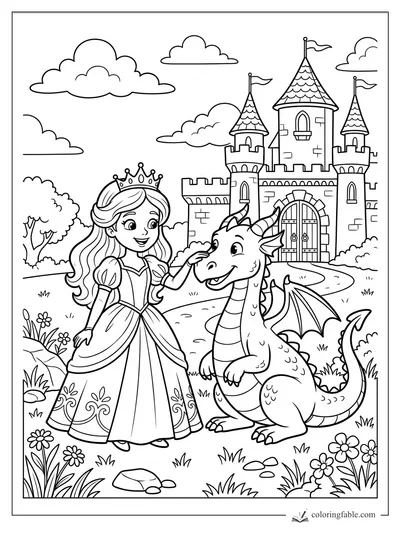 Cartoon princess petting a smiling dragon in front of a turreted castle with flowers and clouds