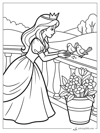 Princess in a crown feeds two birds on a flowered balcony with hills behind her