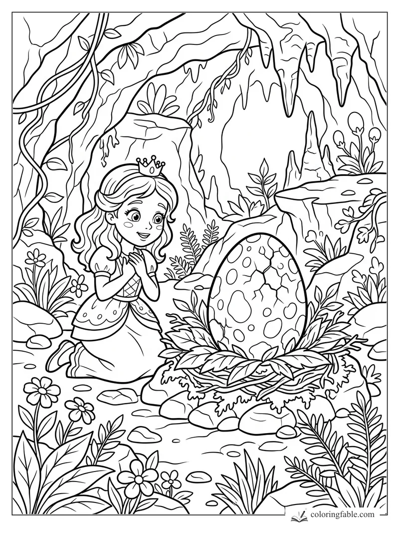 Cartoon princess kneeling by a large spotted egg in a leafy cave with vines, flowers, rocks, and stalactites.