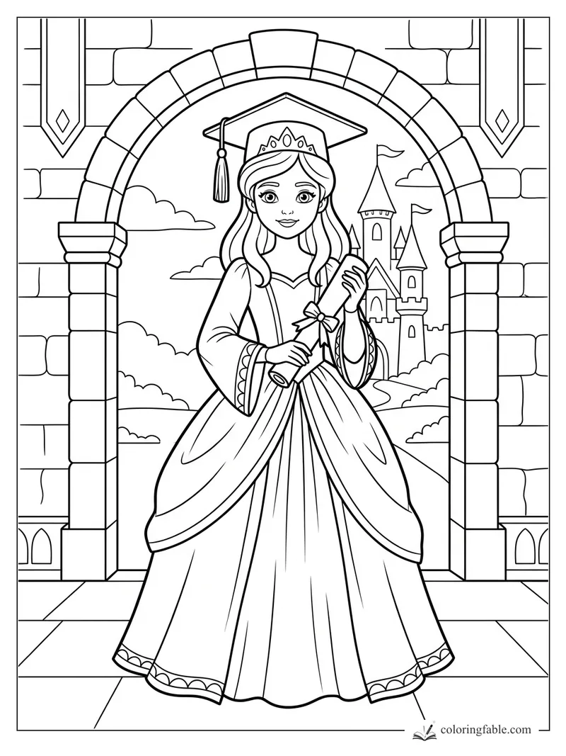 Princess in a cap and crown holding a diploma under a stone arch, with castle towers behind her