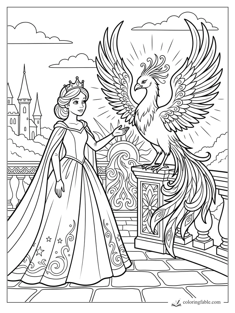 Princess in a crown greets a phoenix with spread wings on a castle terrace.
