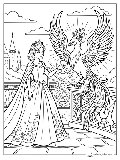 Princess in a crown greets a phoenix with spread wings on a castle terrace.