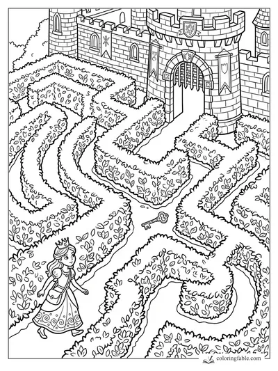 Princess walks through a leafy hedge maze toward a castle gate with banners and a key on the path.