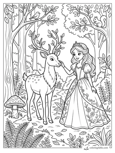 Cartoon princess touching a deer in a leafy forest with a bird, squirrel, ferns, and spotted mushroom